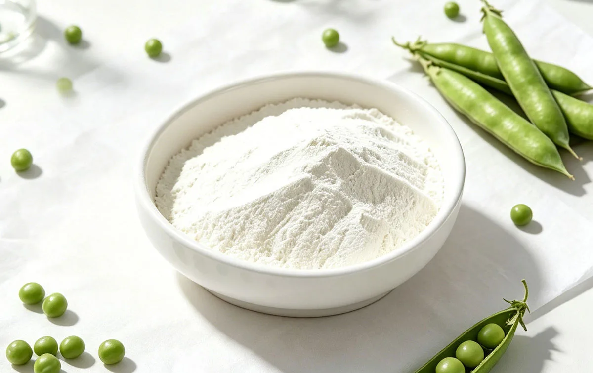 Peas and white pea peptides in a ceramic bowl arranged on the table