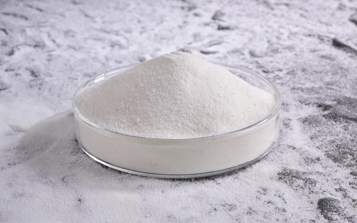 White plant-based protein peptide powder in a petri dish