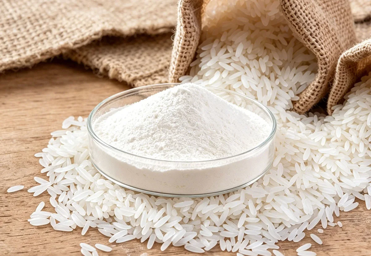 White rice peptides in a petri dish with scattered rice grains surrounding it
