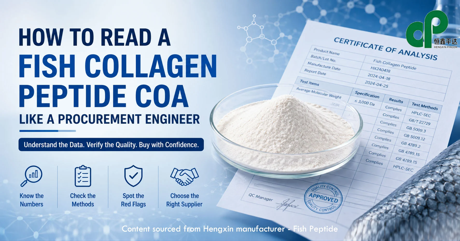 Fish collagen peptide COA with laboratory test report and peptide powder, illustrating molecular weight, quality testing, red flags, and supplier verification. Fish collagen peptide COA with laboratory test report and peptide powder, illustrating molecular weight, quality testing, red flags, and supplier verification.