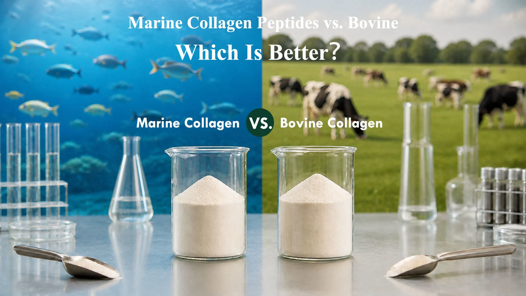 Marine and bovine collagen peptides shown with collagen powder samples  