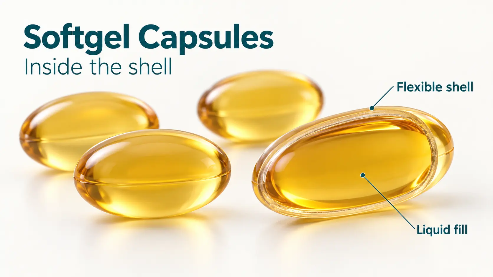Softgel capsule showing its flexible shell and liquid fill. Softgel capsule showing its flexible shell and liquid fill.